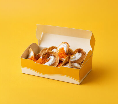 Golden Thai Crispy Coconut Pancakes with Foi Thong in Takeaway Box