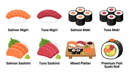 Fototapeta premium Vector set of various sushi types on a plate including salmon and tuna sushi rolls sashimi and nigiri for a food illustration