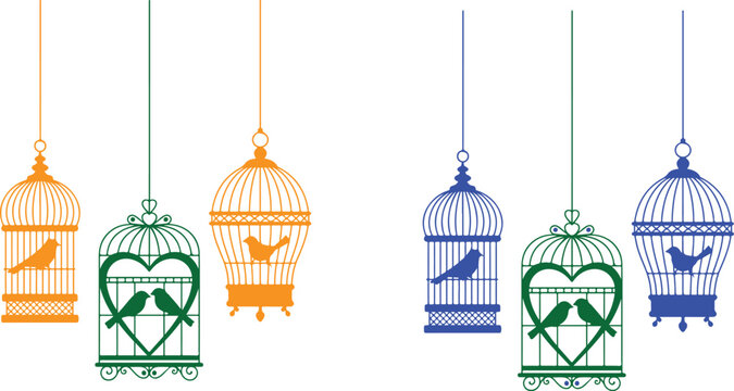 Colorful birds sitting inside elegant hanging birdcages in a beautiful decorative illustration artwork