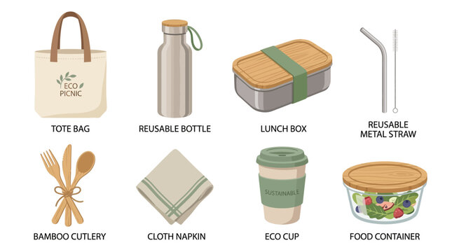 Vector set of ecofriendly items including tote bag reusable bottle lunch box metal straw bamboo cutlery cloth napkin eco cup food container for sustainable living