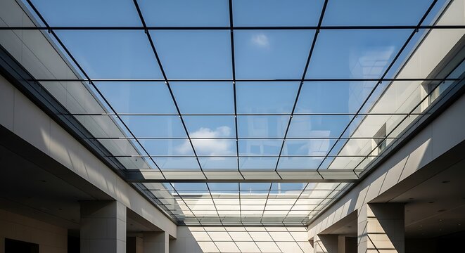 Modern Glass Skylight Roof with Grid Pattern and Blue Sky View