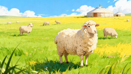 Naklejka premium Sheep grazing in a pastoral landscape
