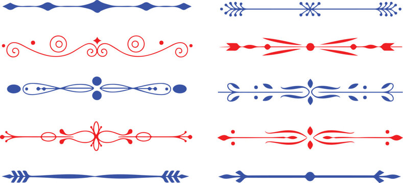 Elegant collection of blue and red ornamental dividers for document page and graphic design projects