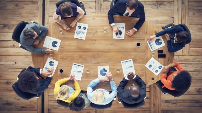 Diverse business team collaborating around a conference table with charts and documents during a meeting