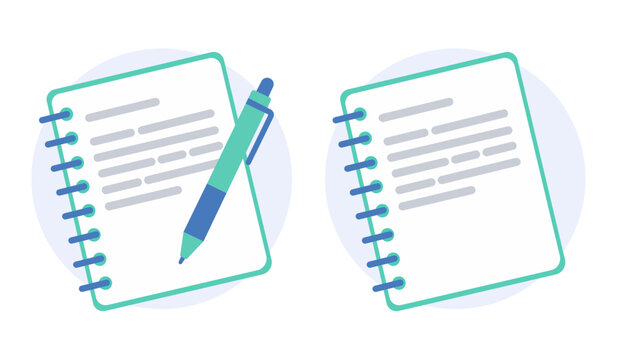 Spiral notebook vector illustrations with lined paper sheet and ballpoint pen for writing and taking notes
