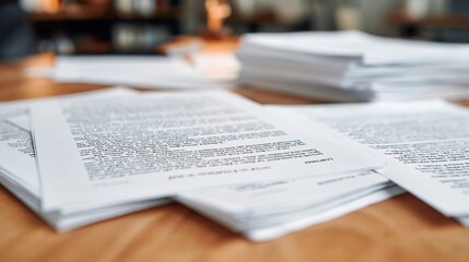 Obraz premium Stacks of Documents and Papers on a Wooden Desk in an Office Setting