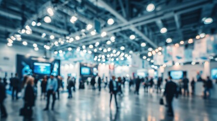 Fototapeta premium Blurred image of a busy exhibition hall with attendees and display screens, conveying a sense of networking and business activity