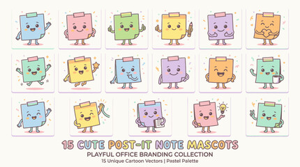 Obraz premium Collection of 15 Cute Postit Note Mascots for Playful Office Branding.