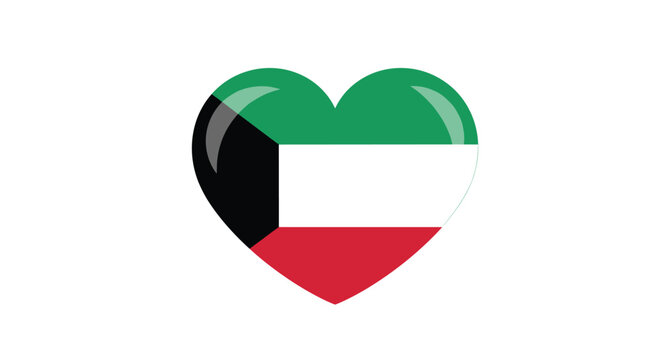 Glossy heart shaped icon featuring the national flag colors of Kuwait is isolated on a clean white background surface.