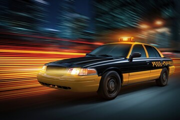 Obraz premium Fast Yellow and Black City Taxi Cab Speeding Through Blurry Nighttime Urban Streets