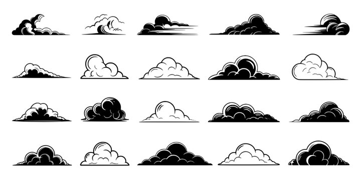 Cloud set of hand-drawn style puffy weather icons with windswept swirls for sky backgrounds featuring clouds, swirling clouds, forecast with