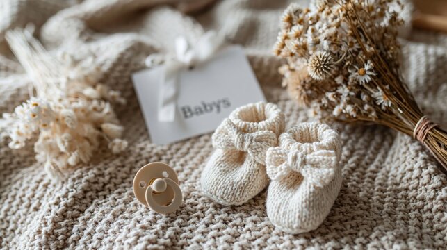 Cozy Newborn Baby Essentials: Soft Booties, Pacifier, and Decorative Bundle on Textured Blanket