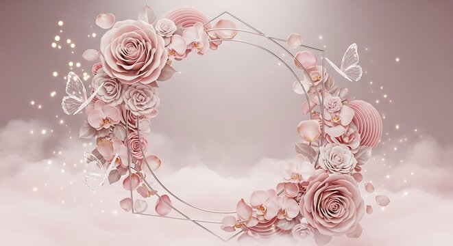 Elegant floral frame made of soft pink paper roses and butterflies with golden accents and floating petals on dreamy cloud background for luxury greeting cards and wedding invitation templates