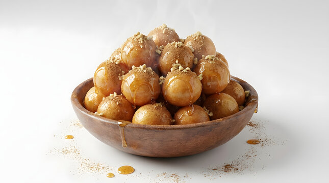 Highly appetizing render of golden, deep-fried Turkish Lokma dough balls coated in sweet syrup and cinnamon