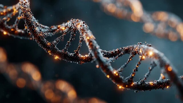 Detailed animation showing a rotating dna double helix structure with glowing genetic information
