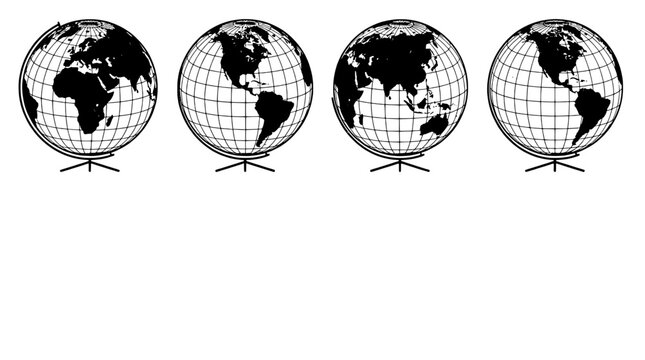 Globe world map icon set in monochrome line art with latitude longitude grid and continents silhouettes