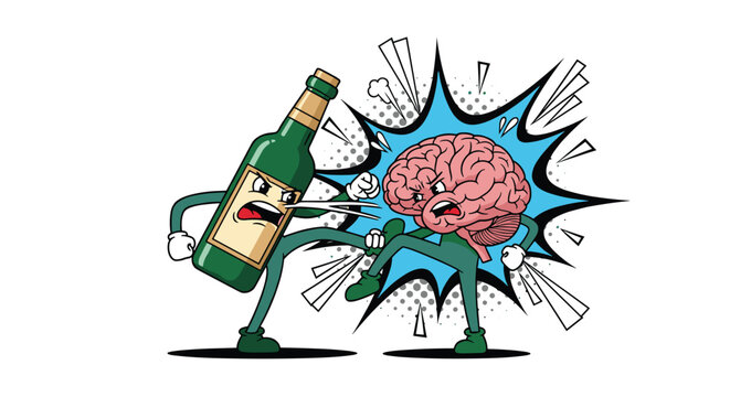Anthropomorphic green wine bottle and human brain characters engage in a comical fist fight in a pop art comic style.