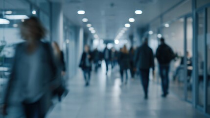 Fototapeta premium Blurred figures of people walking through a modern, brightly lit office hallway with glass partitions