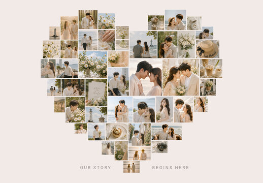 Love Heart Photo Collage Template For Wedding Anniversary Poster, Romantic Memory Photo Grid Layout