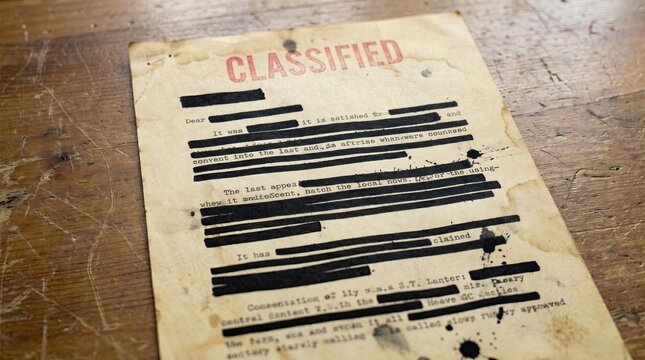 Old paper document with black ink redaction marks, aged yellow parchment texture on wooden desk surface, secret government file report, mysterious redacted text lines wood vintage office workspace.