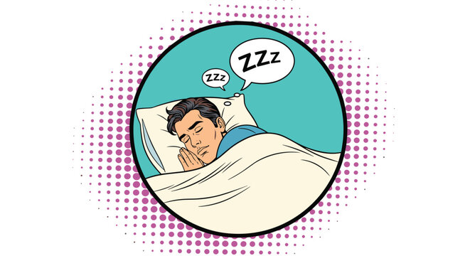 Man sleeping peacefully in bed with a white pillow and blanket featuring comic style zzz speech bubbles and a blue circular frame.