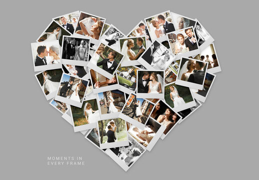 Love Heart Photo Collage Template For Wedding Album, Valentines Flyer, Romantic Photo Montage Layout