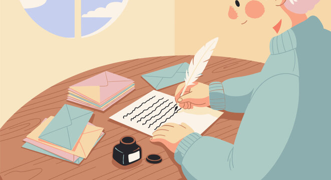 An elderly person writes a letter at a wooden desk indoors.