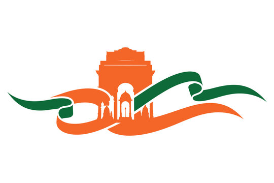 India gate landmark illustration with saffron and green ribbons