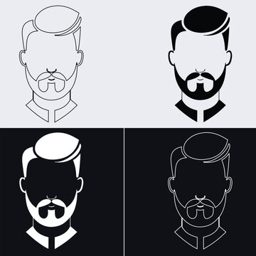 Front view handsome gentleman avatar vector set with side part hairstyle beard and mustache in outline and silhouette styles