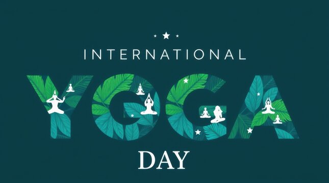 Celebration graphic design for International Yoga Day featuring stylized letters with yoga poses and leaf patterns