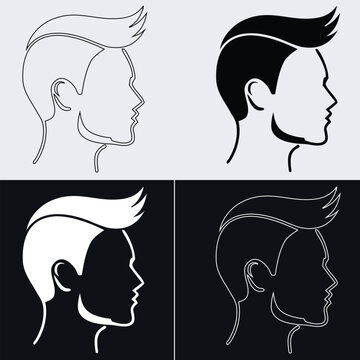 Side view man profile avatar vector set with textured spiky quiff hairstyle in outline and silhouette styles
