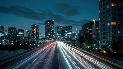 Obraz premium Long exposure of a vibrant city skyline at night with blurred light trails from traffic on a highway