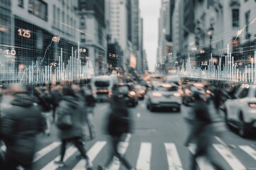 Obraz premium Blurred motion of diverse pedestrians crossing busy urban street with overlay of financial data charts
