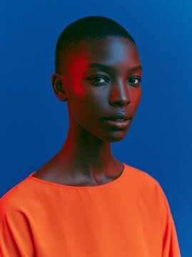 Woman with short hair wearing a vivid orange top poses against a bright blue background, showcasing a striking contrast in colors and textures