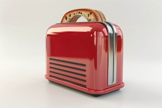 A retro red toaster, a kitchen appliance with a slice of bread ready to be toasted, stands on a clean surface.