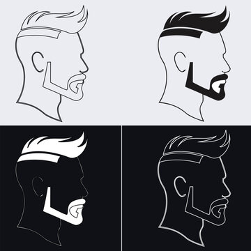 Side view handsome man avatar vector icon set with faux hawk hairstyle and beard in outline and silhouette styles