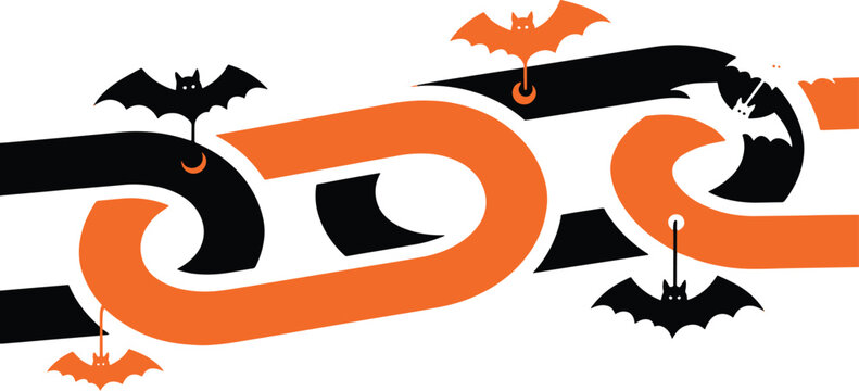 Halloween bats flying around orange and black chain links with transparent background