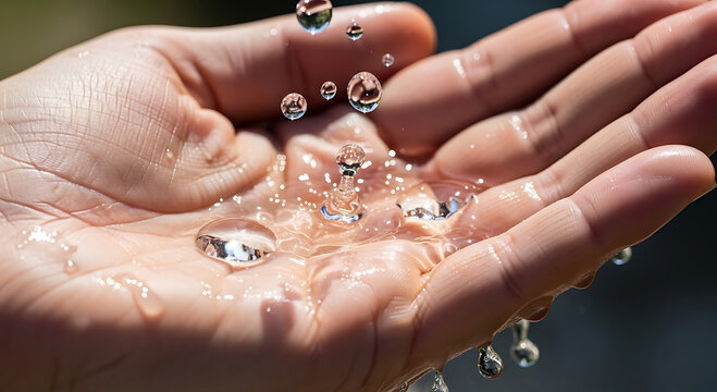 Crystal Clear Water Drops Falling into Open Hand - Freshness and Purity Concept