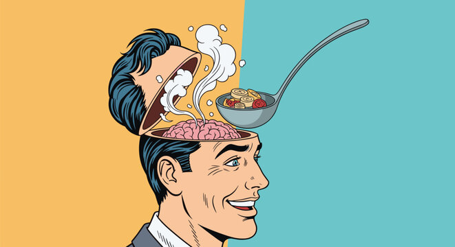 Surreal pop art concept of a smiling man with an open head as a ladle serves food directly onto his exposed brain surface.