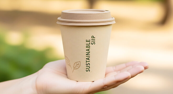 Hand Holding Sustainable Eco-Friendly Disposable Coffee Cup with Lid on Blurred Outdoor Background