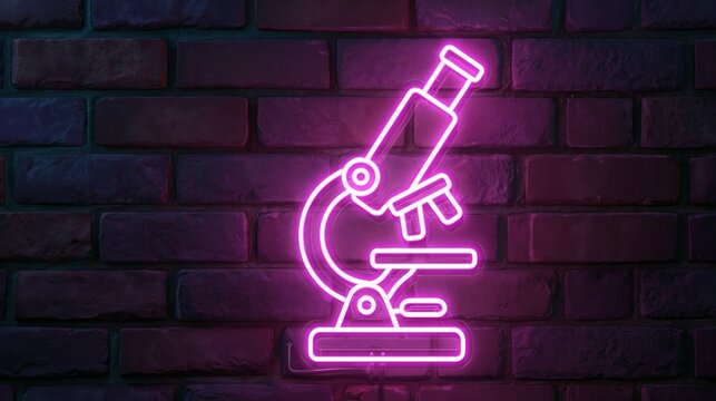 A neon microscope sign on a dark brick wall background