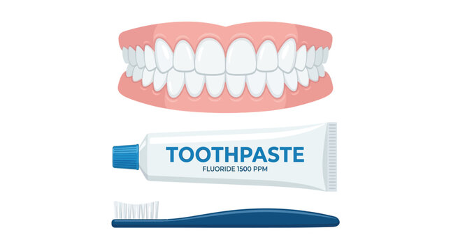 Professional dental care concept featuring clean white teeth with a blue toothbrush and toothpaste tube