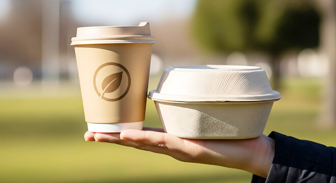Hand Holding Sustainable Eco-Friendly Disposable Coffee Cup with Lid on Blurred Outdoor Background