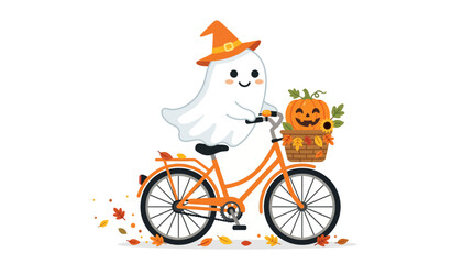 Fototapeta premium A cute ghost in an orange witch hat enjoys a festive Halloween bicycle ride with a basket full of pumpkins and autumn leaves, radiating cheerful holiday spirit