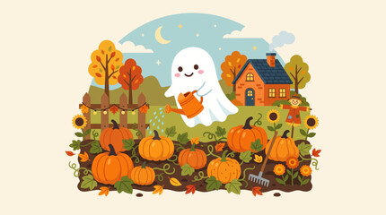 Fototapeta premium A cute ghost tends to a vibrant pumpkin patch, celebrating the whimsical spirit of Halloween under the soft glow of an autumn moon in a charming garden setting