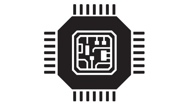 Microchip computer processor circuit icon with black hexagon package, micro circuitry lines, and tech data signal design