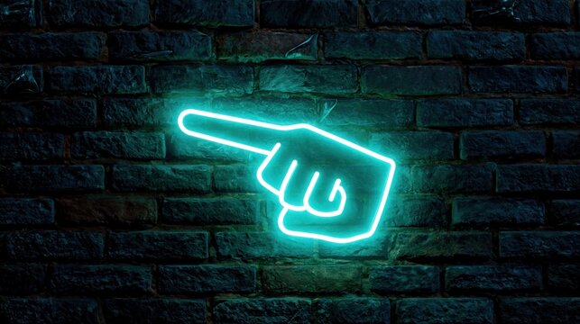 A neon sign of a pointing hand on a dark brick wall