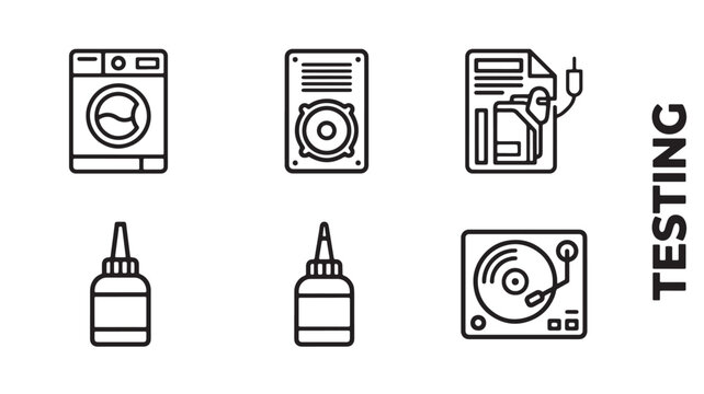Testing icons set with various technology symbols and tools featuring hard drive, washing machine, data transfer with ink bottle and printer elements