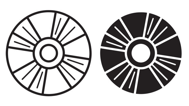 Optical disc icons with radial segments and central hole featuring black and white, digital media, storage device with CD and DVD elements for