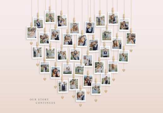 Love Heart Photo Collage Template, Wedding Memory Board & Valentines Day Polaroid Photo Mockup